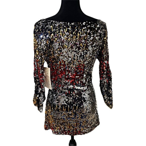Boston Proper Sequin Mini Bodycon Top Dress Cold Shoulder Pullover Multicolor XS - Picture 5 of 11